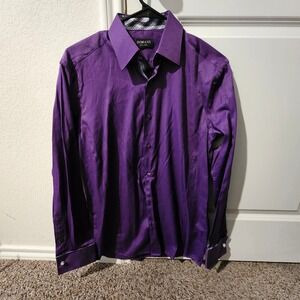 DOMANI Blue Label Mens Purple Striped Dress Shirt Size M 32/33 Long Sleeve